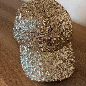Gold Sequin Baseball Hat Cap w/Wide Brim & Opening in Back for Pony Tail- Unisex
